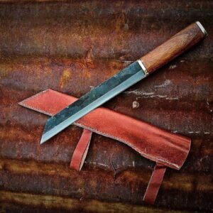 1095 hand forged viking seax knife with wood handle and geniune leather sheath