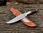 Damascus steel hunting knife with antler handle and ram hair leather sheath
