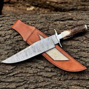 Damascus steel hunting knife with antler handle and ram hair leather sheath