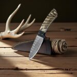 Damascus steel skinner knife with himalayan sheep horn handle and leather sheath
