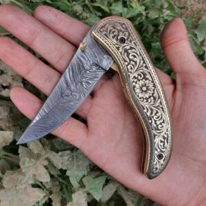 Damascus steel Hand engraved folding knife