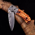 Damascus steel forged best pocket knife with burnt bone handle
