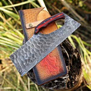 Damascus steel professional ulu knife Pizza cutter knife with hand tooled leather sheath