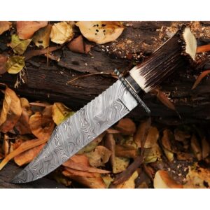 Best camping knife for sale - Damascus steel blade and stag antler handle with handmade leather sheath