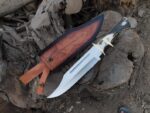 D2 steel mirror polish sub-hilt hunting Bowie knife - stag antler handle and tooled leather sheath