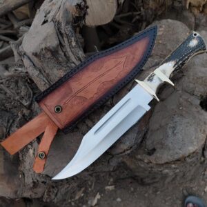 D2 steel mirror polish sub-hilt hunting Bowie knife - stag antler handle and tooled leather sheath