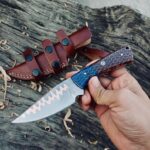 Copper Damascus Hunting Knife with Horizontal Carry Sheath – 8in Skinning Knife with Resin Handle – Gift for Him