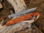 Damascus steel big machete knife - wooden handle and leather sheath