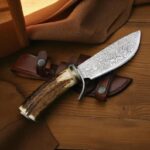 Damascus steel antler handle Hunting knife with handmade leather sheath