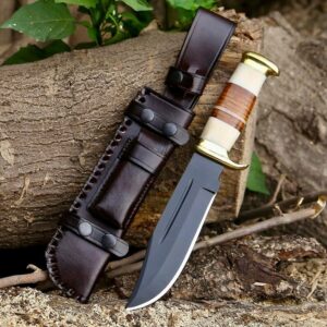 D2 steel horizontal carry hunting knife - handle made dual carry leather sheath