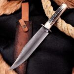 13 inches D2 carbon steel hunting knife with deer antler and leather carry