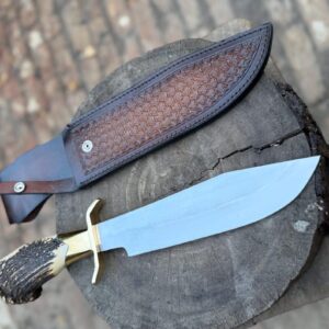 D2 steel best bowie knife with brass guard and stag antler handle